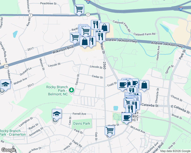 map of restaurants, bars, coffee shops, grocery stores, and more near Cedar Street in Belmont