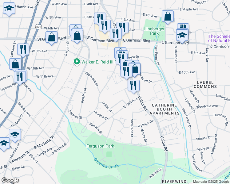 map of restaurants, bars, coffee shops, grocery stores, and more near 598 Betty Street in Gastonia