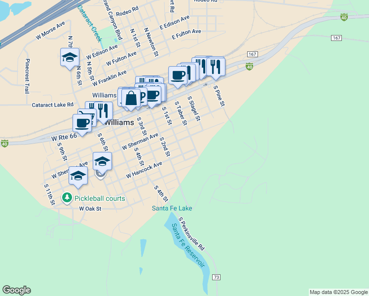 map of restaurants, bars, coffee shops, grocery stores, and more near 110 East Hancock Avenue in Williams