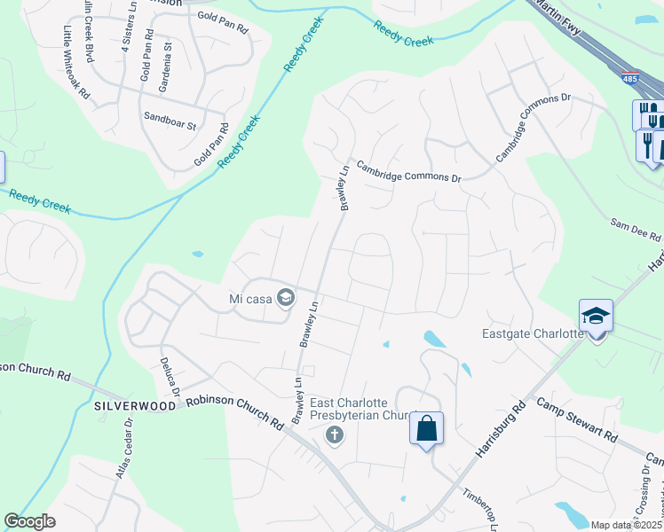 map of restaurants, bars, coffee shops, grocery stores, and more near 10107 Bradstreet Commons Way in Charlotte