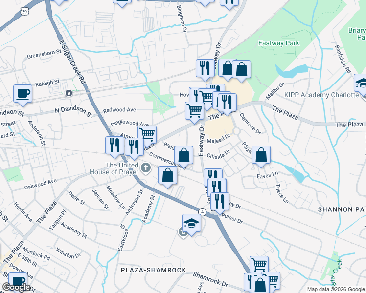 map of restaurants, bars, coffee shops, grocery stores, and more near in Charlotte