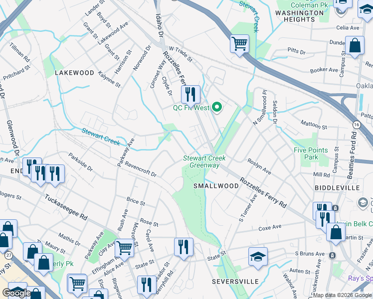 map of restaurants, bars, coffee shops, grocery stores, and more near 801 Yellowstone Drive in Charlotte