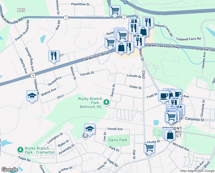 map of restaurants, bars, coffee shops, grocery stores, and more near 312 Elm Street in Belmont