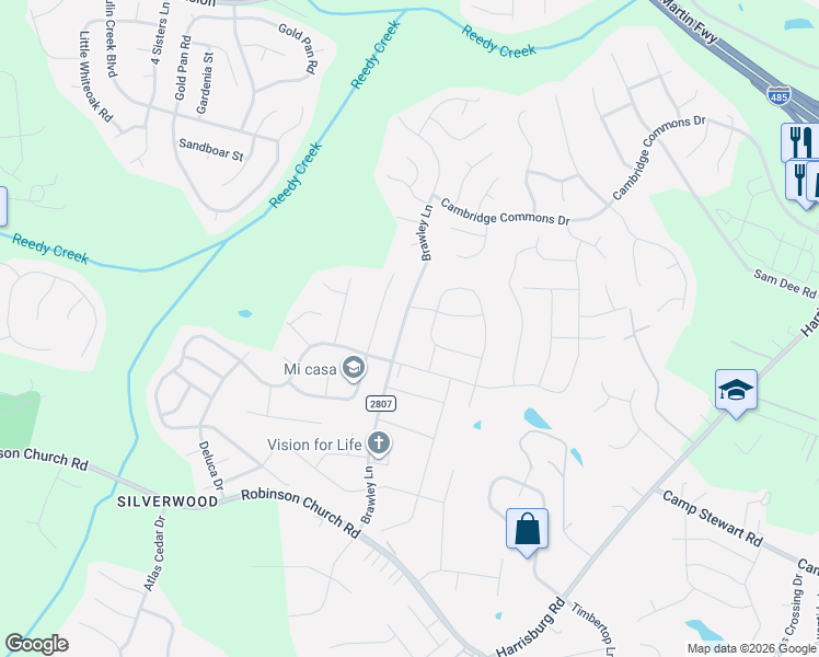 map of restaurants, bars, coffee shops, grocery stores, and more near 10107 Bradstreet Commons Way in Charlotte