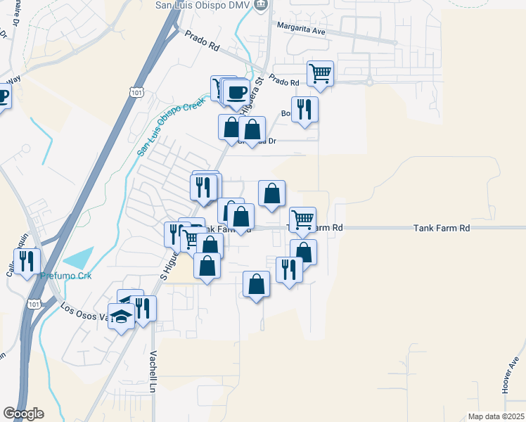 map of restaurants, bars, coffee shops, grocery stores, and more near 202 Tank Farm Road in San Luis Obispo