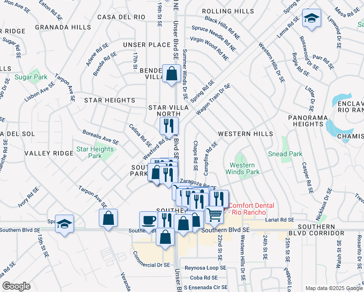 map of restaurants, bars, coffee shops, grocery stores, and more near 663 Wagon Train Drive Southeast in Rio Rancho