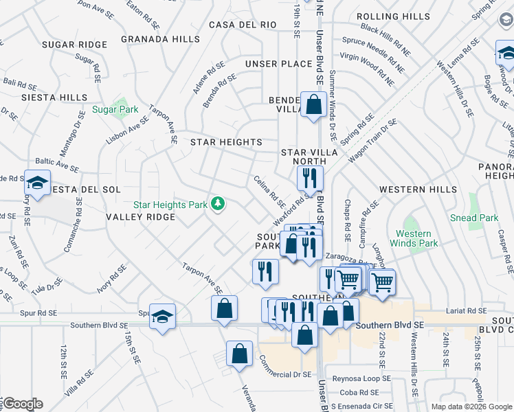 map of restaurants, bars, coffee shops, grocery stores, and more near 1766 Borealis Avenue Southeast in Rio Rancho