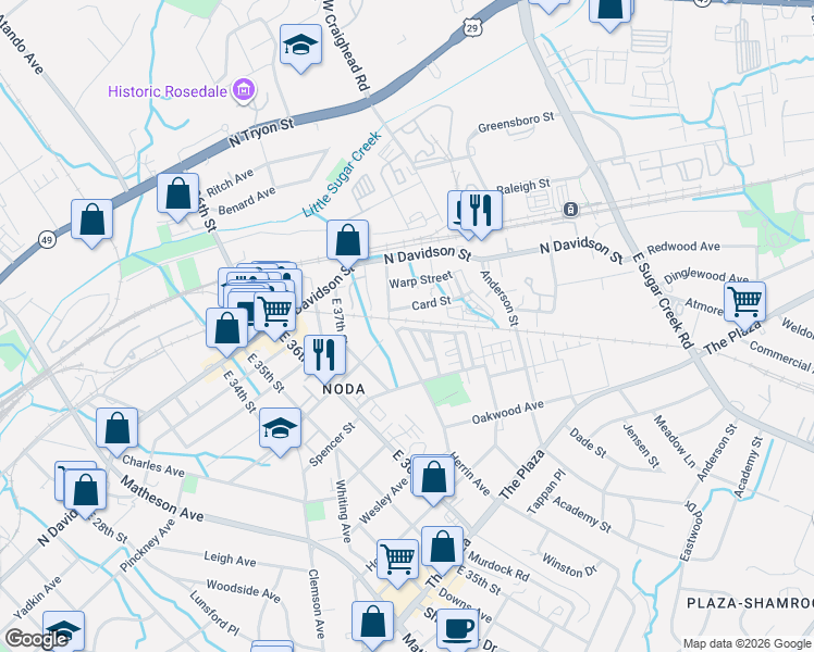 map of restaurants, bars, coffee shops, grocery stores, and more near in Charlotte