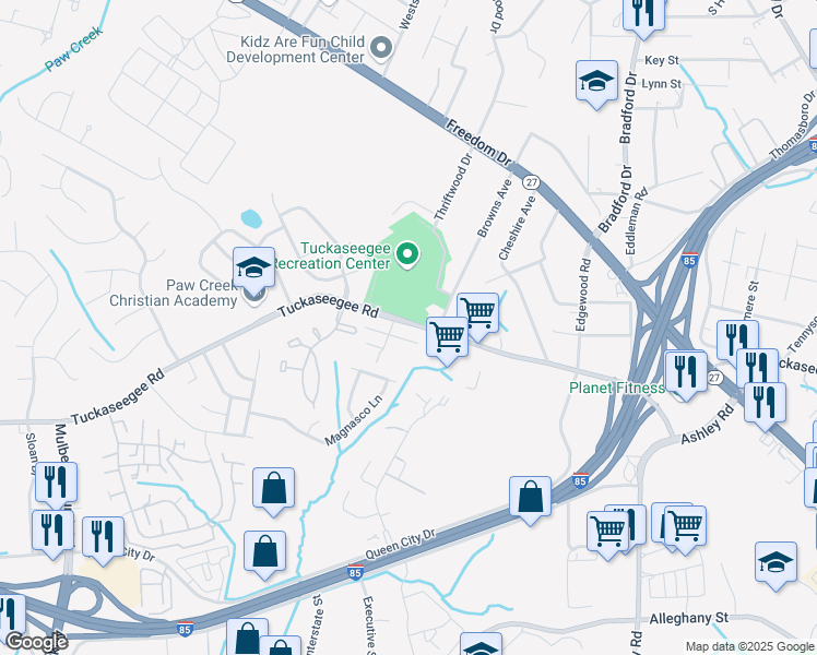 map of restaurants, bars, coffee shops, grocery stores, and more near 4801 Tuckaseegee Road in Charlotte