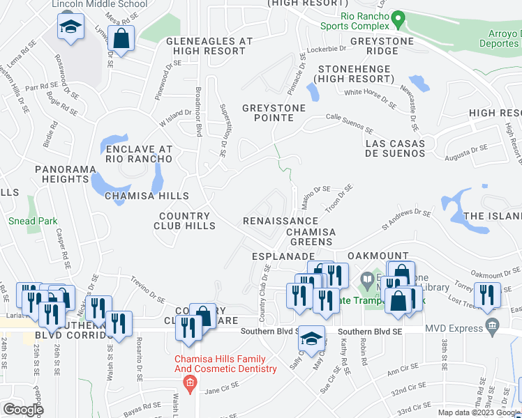 map of restaurants, bars, coffee shops, grocery stores, and more near 3144 Renaissance Loop Southeast in Rio Rancho