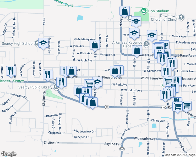 map of restaurants, bars, coffee shops, grocery stores, and more near 1107 West Pleasure Avenue in Searcy