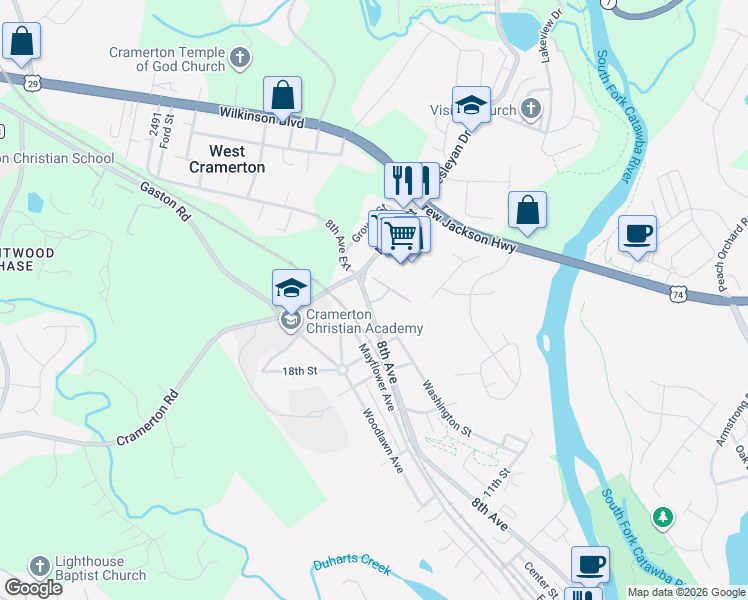 map of restaurants, bars, coffee shops, grocery stores, and more near 287 8th Avenue in Cramerton