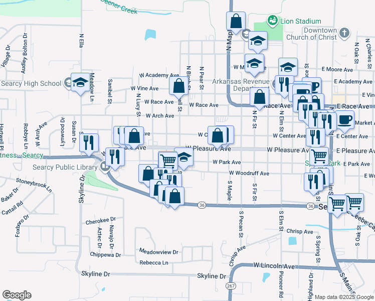 map of restaurants, bars, coffee shops, grocery stores, and more near 1105 West Pleasure Avenue in Searcy