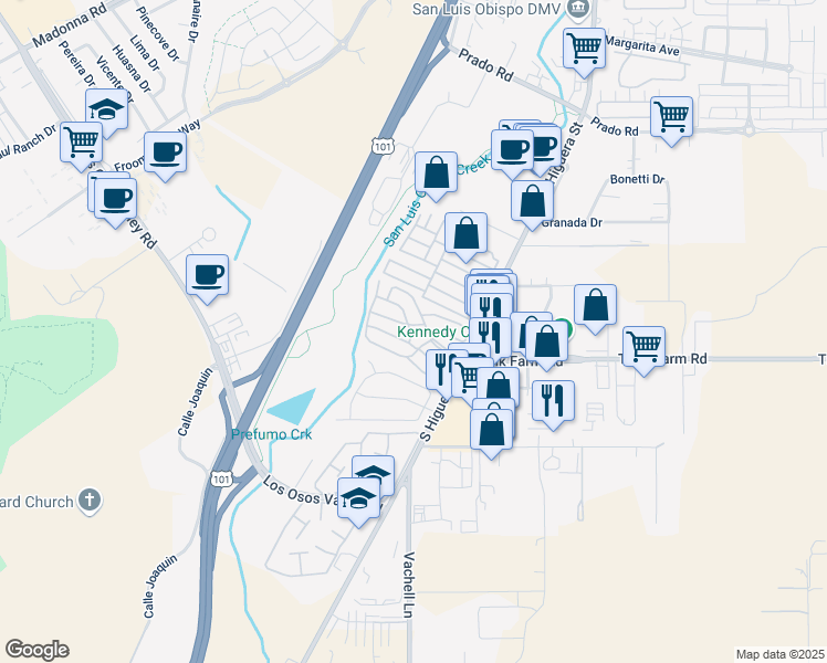 map of restaurants, bars, coffee shops, grocery stores, and more near 762 Creekside Drive in San Luis Obispo