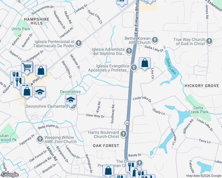 map of restaurants, bars, coffee shops, grocery stores, and more near 8016 Linda Lake Drive in Charlotte
