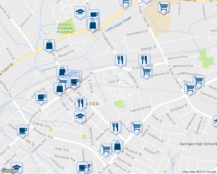 map of restaurants, bars, coffee shops, grocery stores, and more near 2944 Textile Way in Charlotte