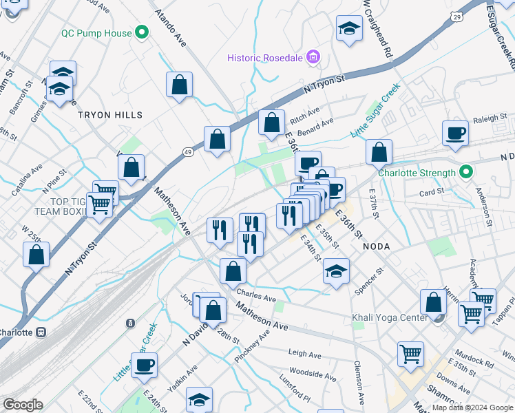 map of restaurants, bars, coffee shops, grocery stores, and more near 404 East 33rd Street in Charlotte