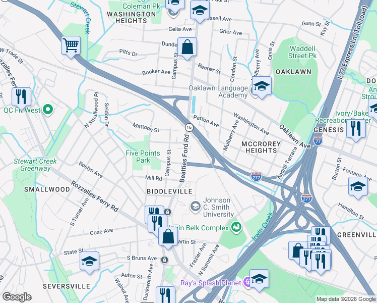 map of restaurants, bars, coffee shops, grocery stores, and more near 508 Beatties Ford Road in Charlotte