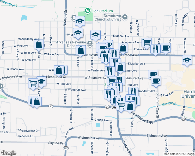 map of restaurants, bars, coffee shops, grocery stores, and more near 209 South Gum Street in Searcy