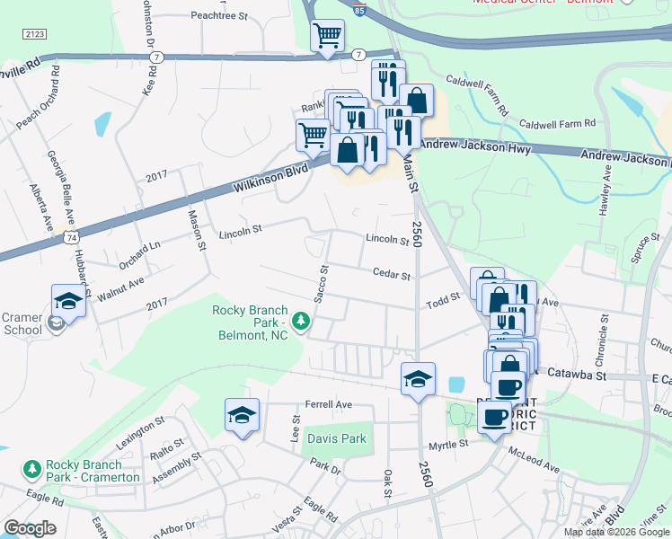 map of restaurants, bars, coffee shops, grocery stores, and more near 227 Cedar Street in Belmont
