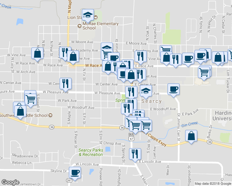 map of restaurants, bars, coffee shops, grocery stores, and more near 201 West Pleasure Avenue in Searcy