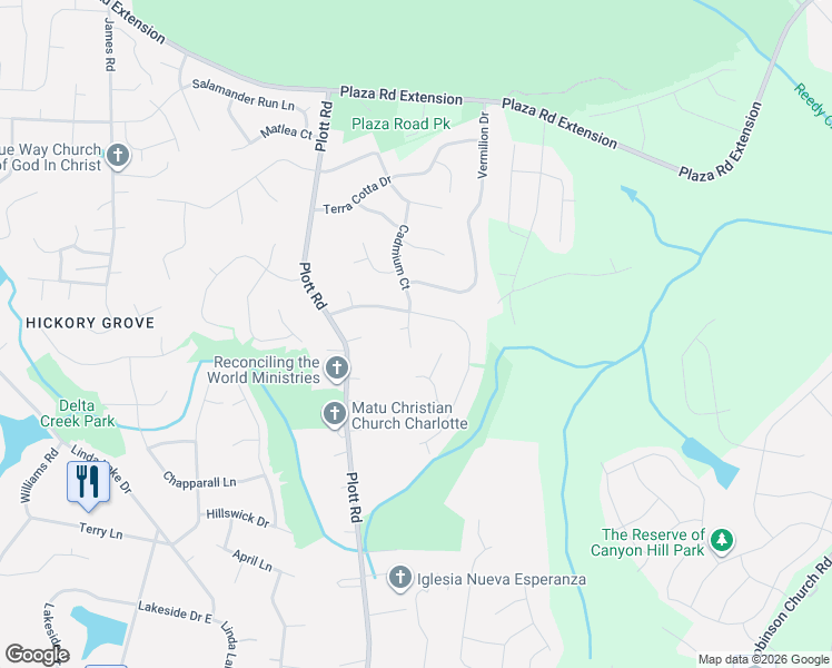 map of restaurants, bars, coffee shops, grocery stores, and more near 7920 Cadmium Court in Charlotte