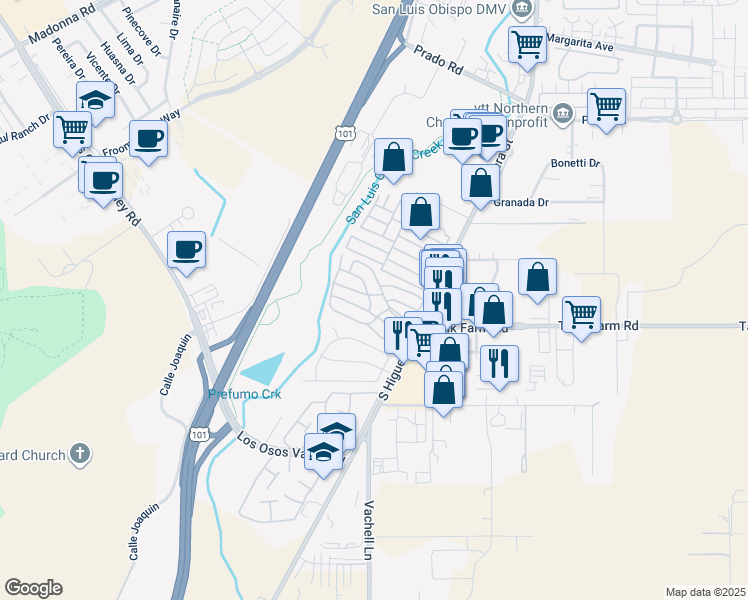 map of restaurants, bars, coffee shops, grocery stores, and more near 3960 South Higuera Street in San Luis Obispo