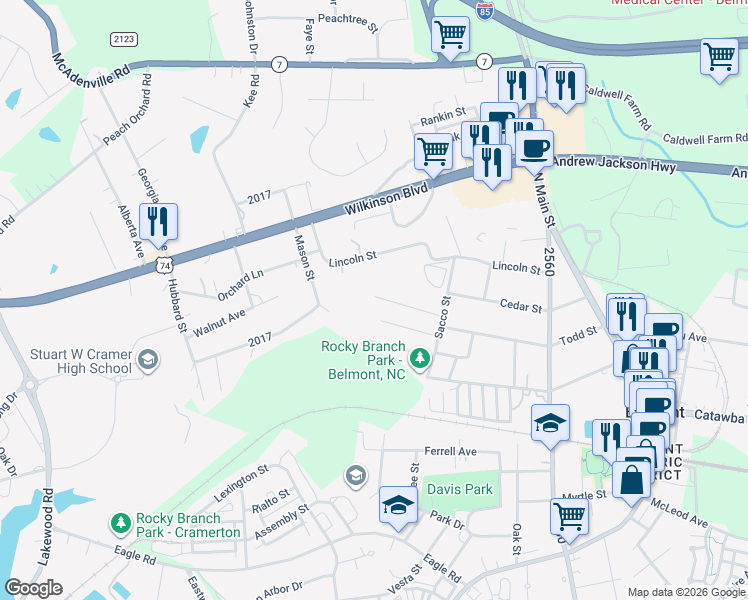 map of restaurants, bars, coffee shops, grocery stores, and more near 332 Todd Street in Belmont