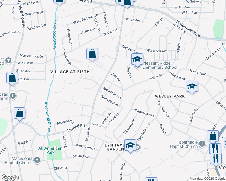 map of restaurants, bars, coffee shops, grocery stores, and more near 1216 Mountain Avenue in Gastonia