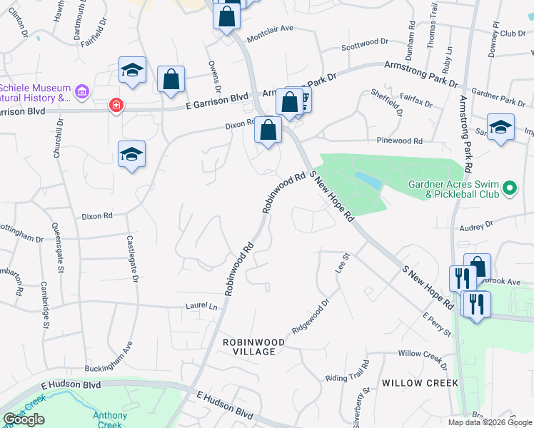 map of restaurants, bars, coffee shops, grocery stores, and more near 1120w Robinwood Road in Gastonia