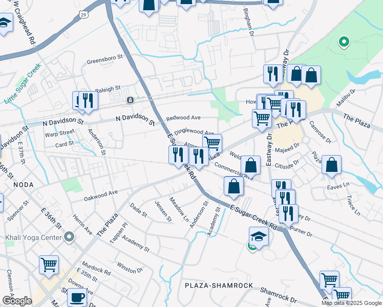 map of restaurants, bars, coffee shops, grocery stores, and more near 4109 Atmore Street in Charlotte