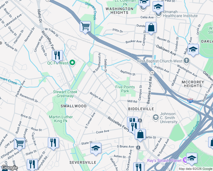 map of restaurants, bars, coffee shops, grocery stores, and more near 107 North Turner Avenue in Charlotte