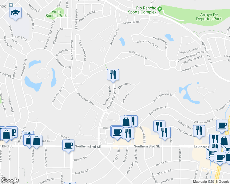 map of restaurants, bars, coffee shops, grocery stores, and more near 395 Country Club Drive Southeast in Rio Rancho