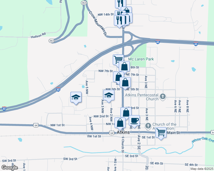 map of restaurants, bars, coffee shops, grocery stores, and more near 302 Northwest 5th Street in Atkins