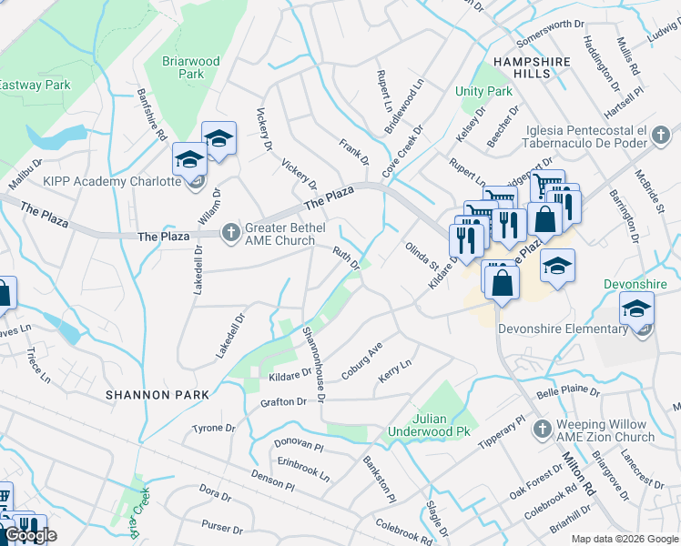 map of restaurants, bars, coffee shops, grocery stores, and more near 5449 Kinsale Lane in Charlotte