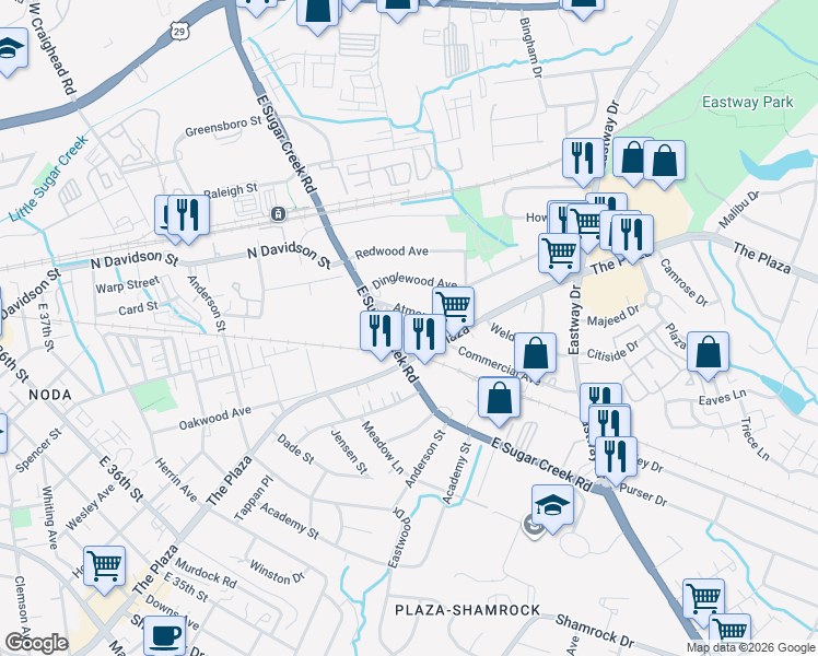 map of restaurants, bars, coffee shops, grocery stores, and more near 4109 Atmore Street in Charlotte