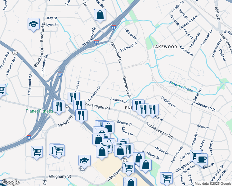 map of restaurants, bars, coffee shops, grocery stores, and more near 3640 Hashem Drive in Charlotte