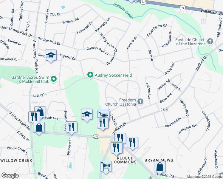 map of restaurants, bars, coffee shops, grocery stores, and more near 3316 Audrey Drive in Gastonia