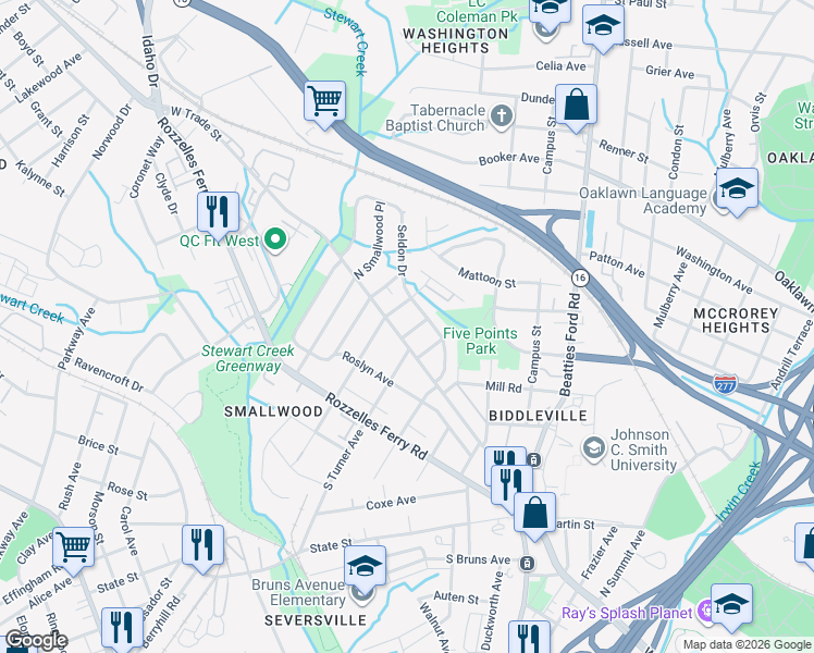map of restaurants, bars, coffee shops, grocery stores, and more near 115 North Gardner Avenue in Charlotte