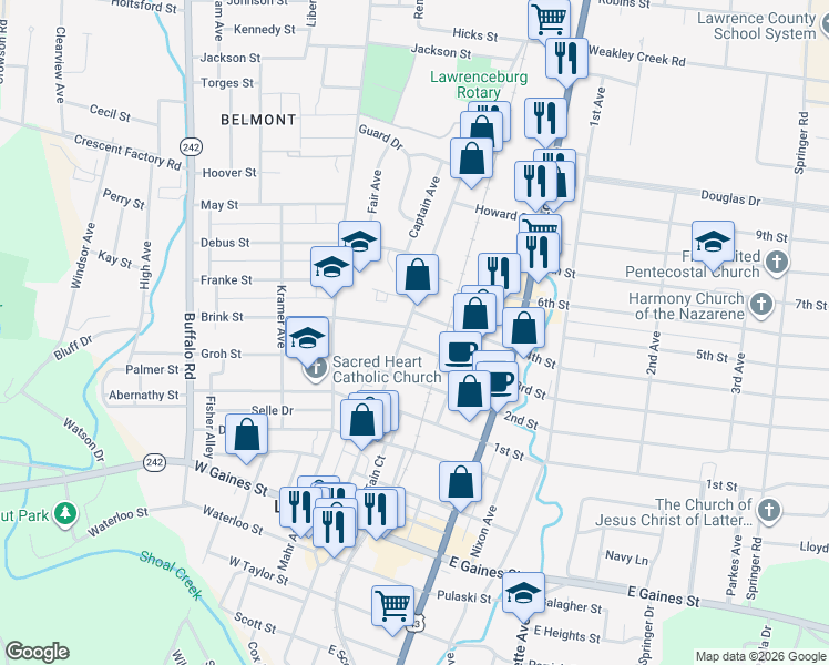 map of restaurants, bars, coffee shops, grocery stores, and more near 702 North Military Avenue in Loretto