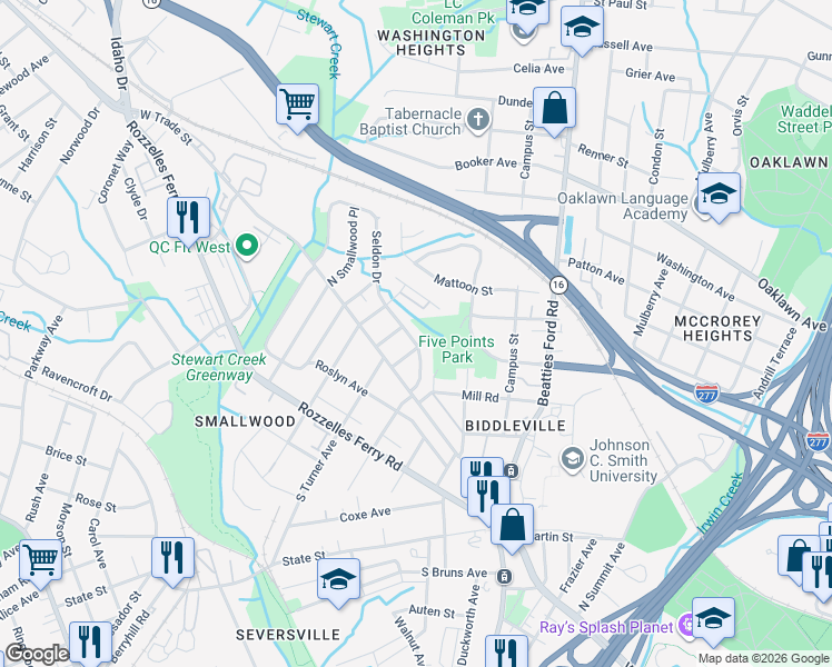 map of restaurants, bars, coffee shops, grocery stores, and more near 208 Seldon Drive in Charlotte