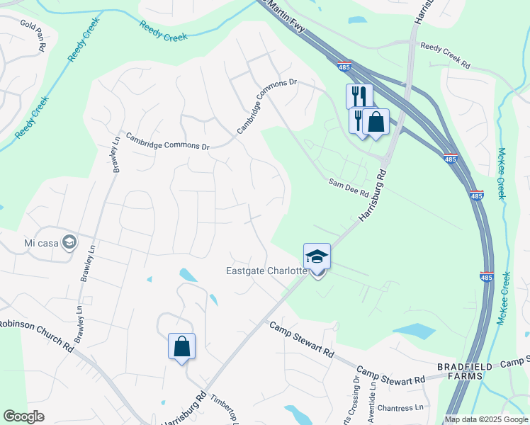 map of restaurants, bars, coffee shops, grocery stores, and more near 10206 Ridgewell Court in Charlotte