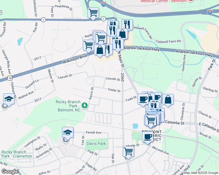 map of restaurants, bars, coffee shops, grocery stores, and more near 103 Lincoln Street in Belmont
