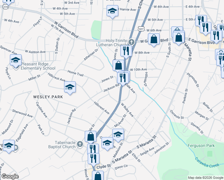 map of restaurants, bars, coffee shops, grocery stores, and more near 1216 Jackson Road in Gastonia