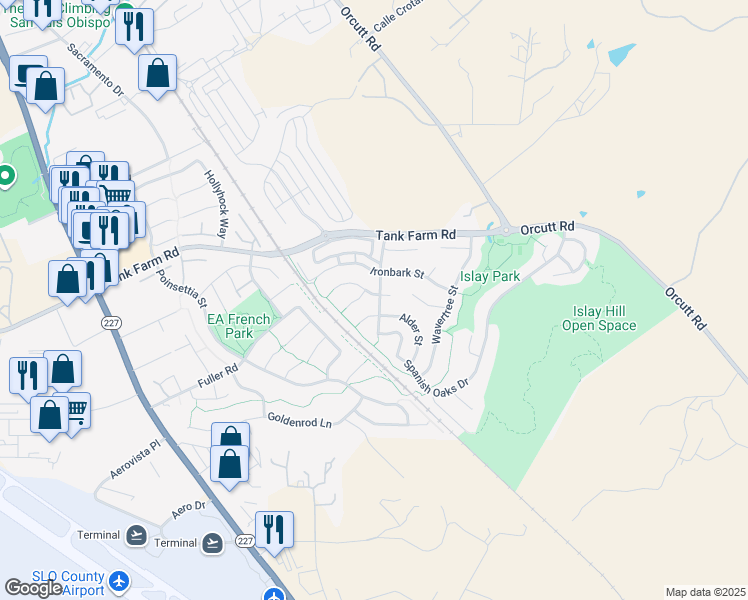 map of restaurants, bars, coffee shops, grocery stores, and more near 1299 Sawleaf Court in San Luis Obispo