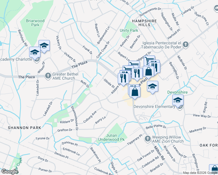 map of restaurants, bars, coffee shops, grocery stores, and more near 5931 Olinda Street in Charlotte
