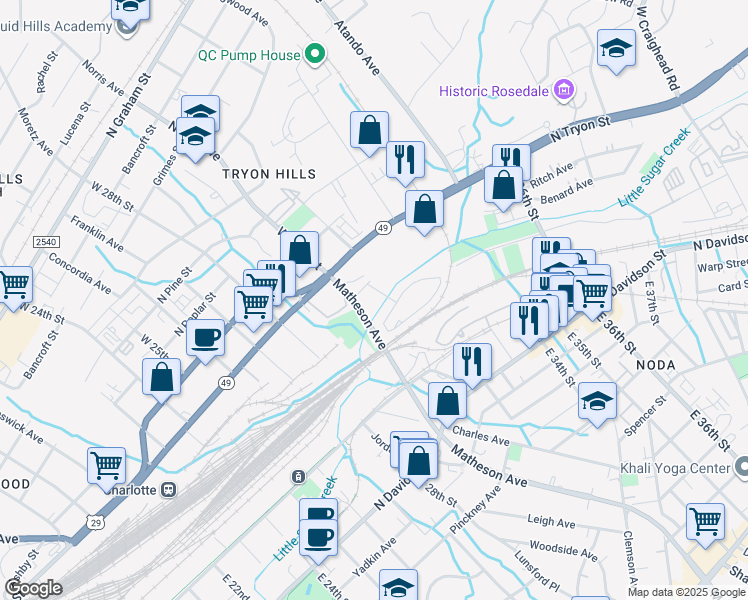 map of restaurants, bars, coffee shops, grocery stores, and more near 255 Matheson Avenue in Charlotte