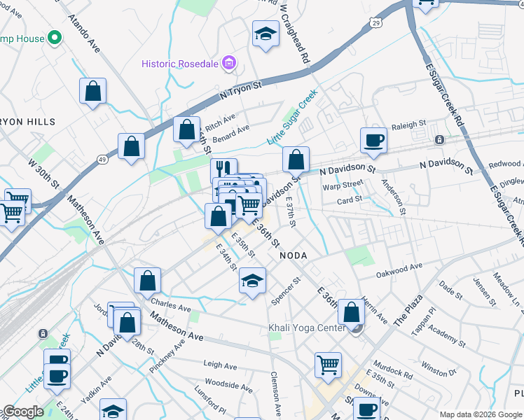 map of restaurants, bars, coffee shops, grocery stores, and more near in Charlotte