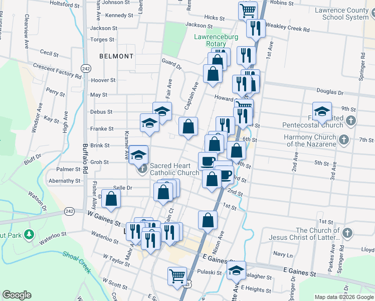 map of restaurants, bars, coffee shops, grocery stores, and more near 702 North Military Avenue in Loretto