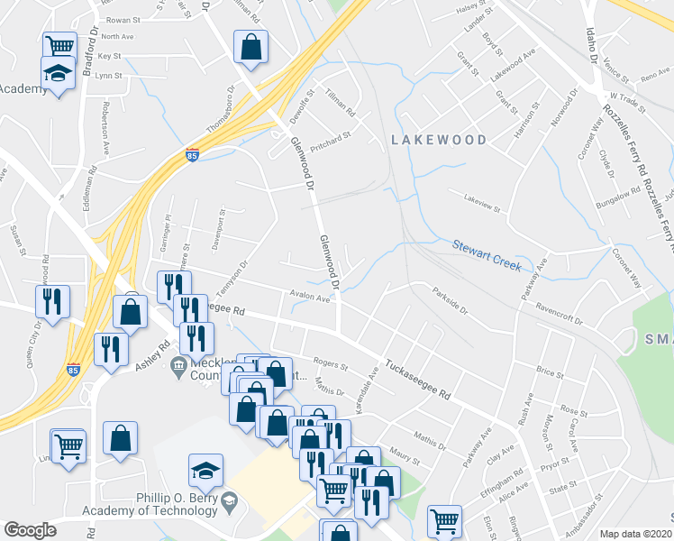 map of restaurants, bars, coffee shops, grocery stores, and more near 3734 Glenwood Drive in Charlotte